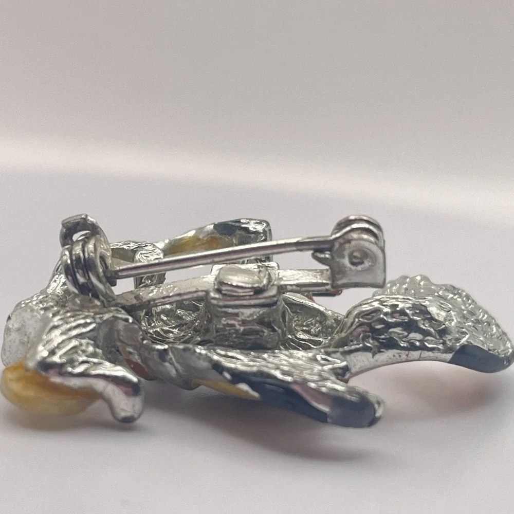 Vintage Silver Tone Enamel Fish Brooch Green Rhinestone Eye Bubble Pin 70s